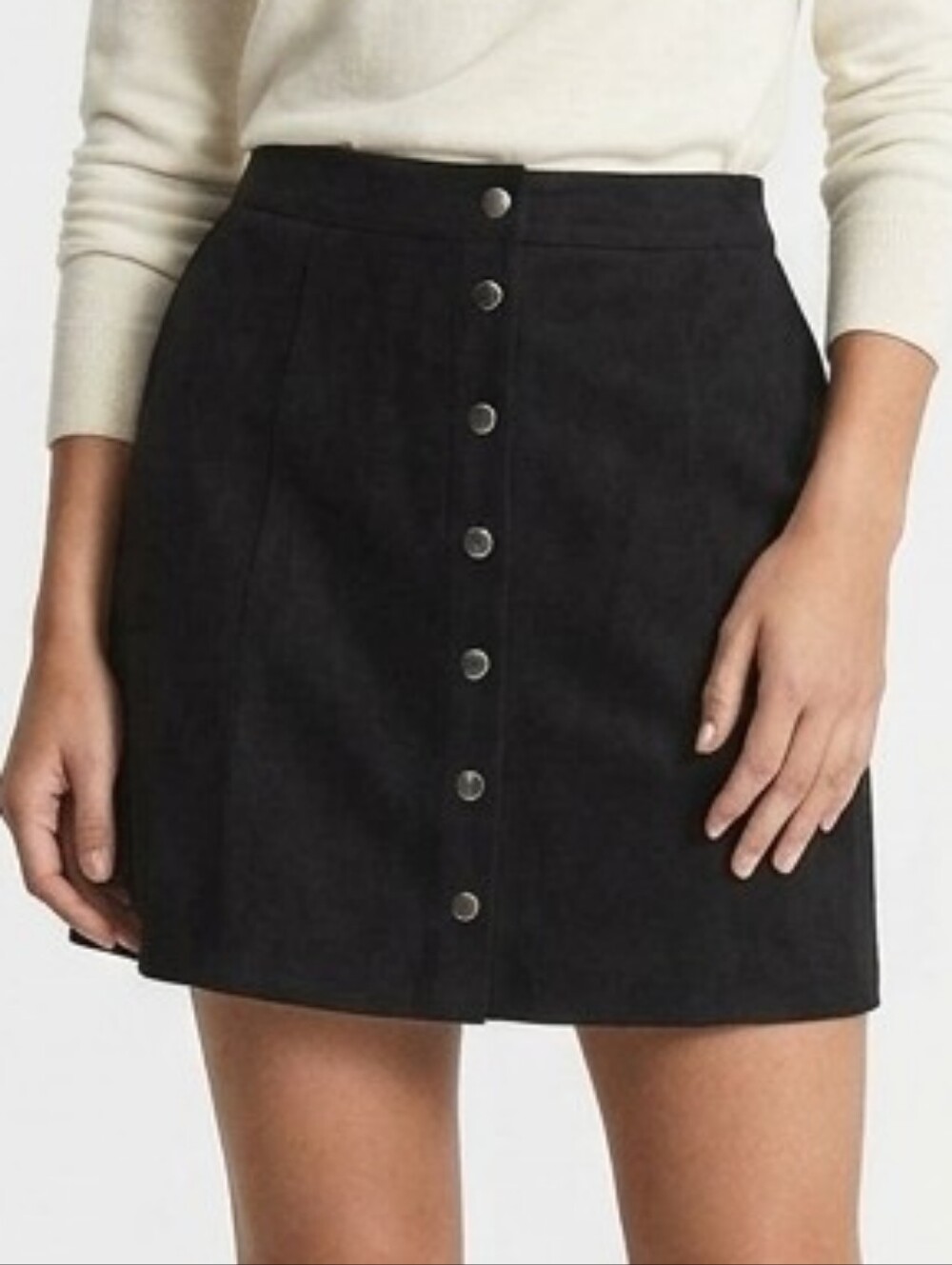 Fuinloth Black Faux Suede Button-Front A-Line Skirt